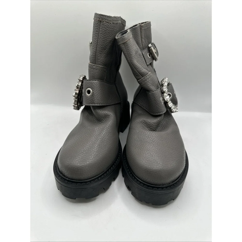 NEW KARL LAGERFELD PARIS Marceau Jeweled Gray Leather Ankle Boots Sz 5.5 M NEW